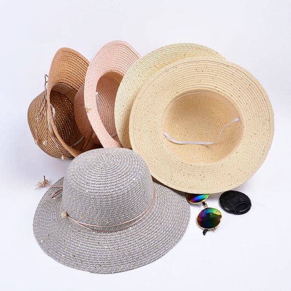 

summer hat women straw hat wide brim beach sun hats solid color pearl bows casual outdoor female visor caps casquette, Blue;gray