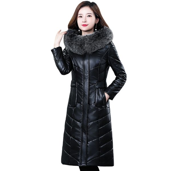 

плюс размер 7xl real fur collar зимняя белая утка вниз куртка женщин длинные кожаные пальто зимы с капюшоном женщин куртки ветровки, Black