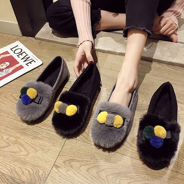 

round toe pompom women shoes winter warm plush slip-on moccasins quality hair fur anti-skid lazy loafers bow cotton shoes, Black