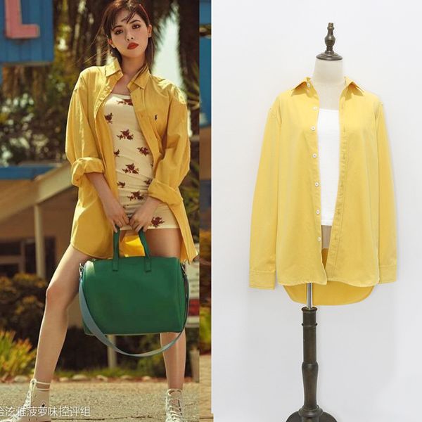 

women's blouses & shirts kpop 4minute kim hyun a same yellow cotton harajuku style long-sleeved women autumn loose fashion lapel and, White