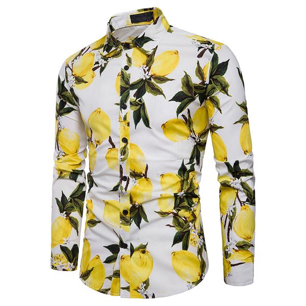 

men's casual shirts fashion long sleeve lemon print pattern male shirt slim style social masculina fitness clothes, White;black