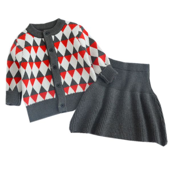 

baby & kids girls geometric print caridgan sweater with knitted skirts 2 pieces set child girl fashion fall spring clothing set, Blue