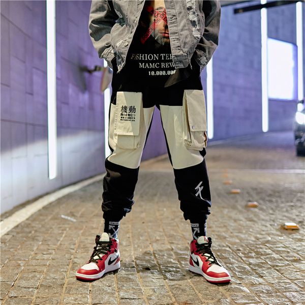 

hip hop streetwear cargo pants men casual splice joggers trousers alphabet embroidery sweatpants fashion pant pantalones hombre, Black