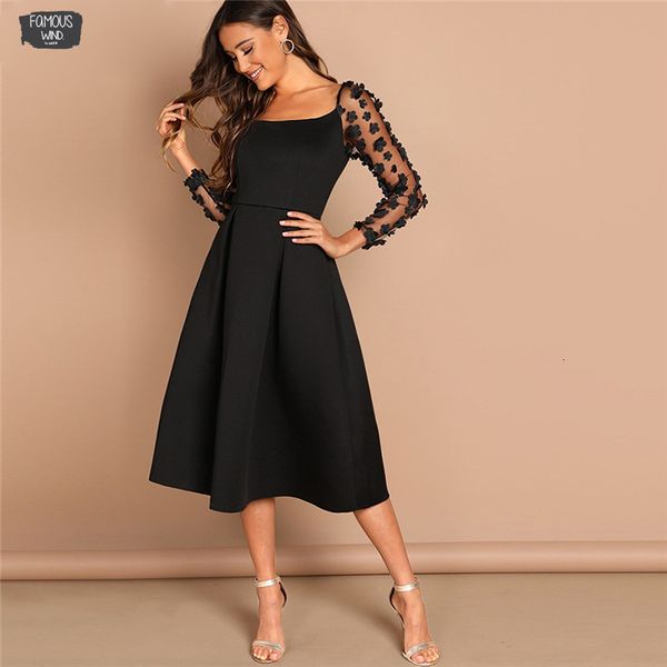 

night out black contrast mesh pleated square knee length dress autumn modern lady appliques workwear women dresses, Black;gray