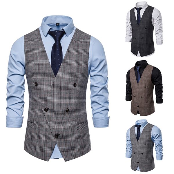 

brand formal suit vest men 2019 fashion british style double breasted waistcoat slim fit plaid gilet business sleeveless jacket, Black;white