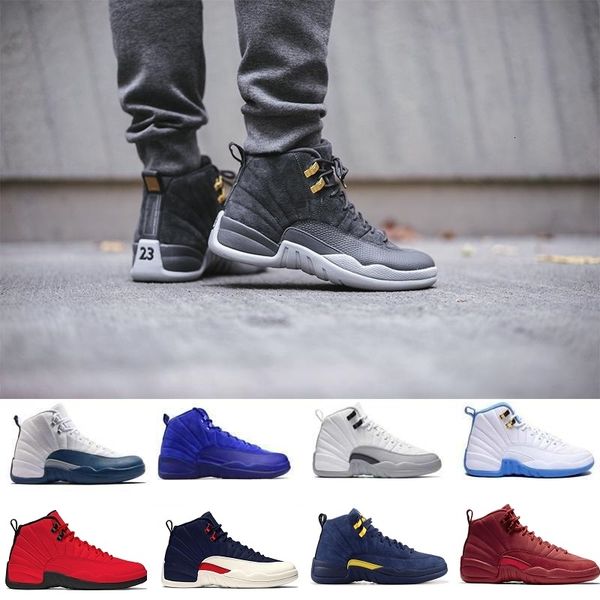 

men women basketball shoes o gamma blue 12s colorway dark grey metallic silver black bordeaux cherry bulls wool winterized sneakers