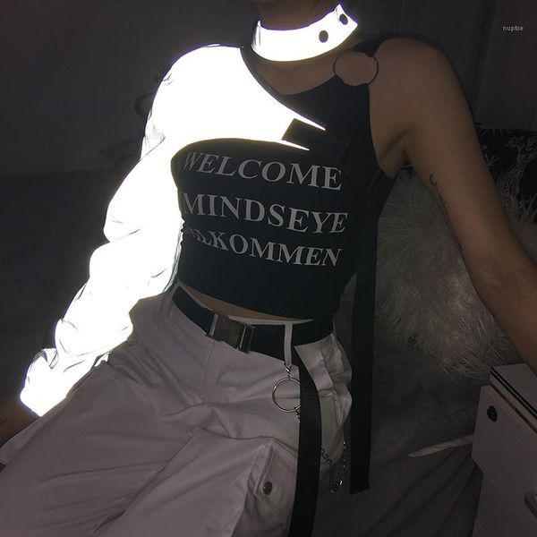 

collar female clothing hip hop casual apparel 3m reflective womens fashion designer tshirts long sleeve stand, White