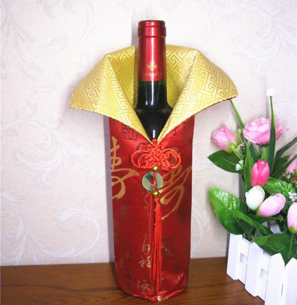 Copri bottiglia di vino in seta fatta a mano cinese con sacchetti copri bottiglia per decorazione della tavola di Natale di Capodanno con nodo cinese SN01
