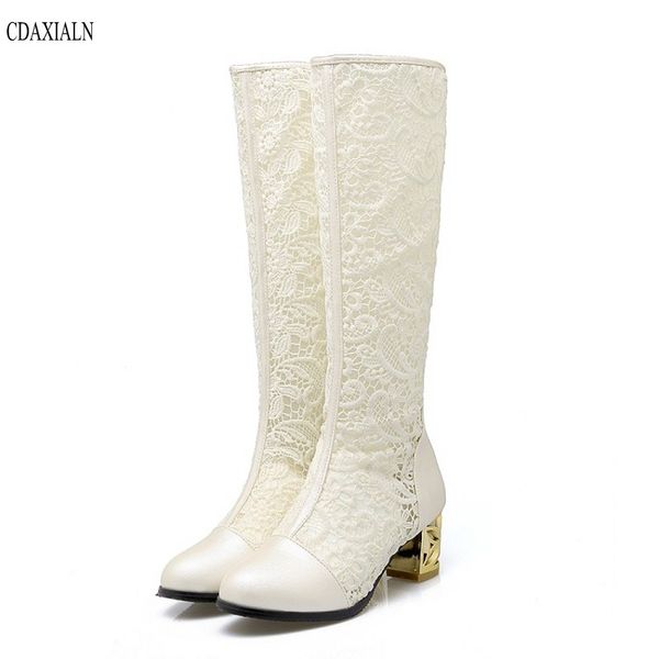 

cdaxialn new arrivals boots women knee-high boots ladies summer breathable lace square middle heels shoes back zipper, Black