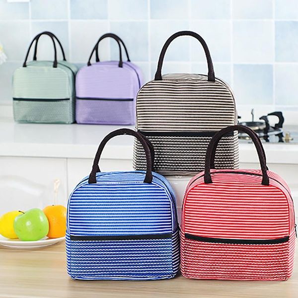 

insulated lunch bag portable stripe printed bag thicken thermal canvas casual picnic container school storage bags, Blue;pink