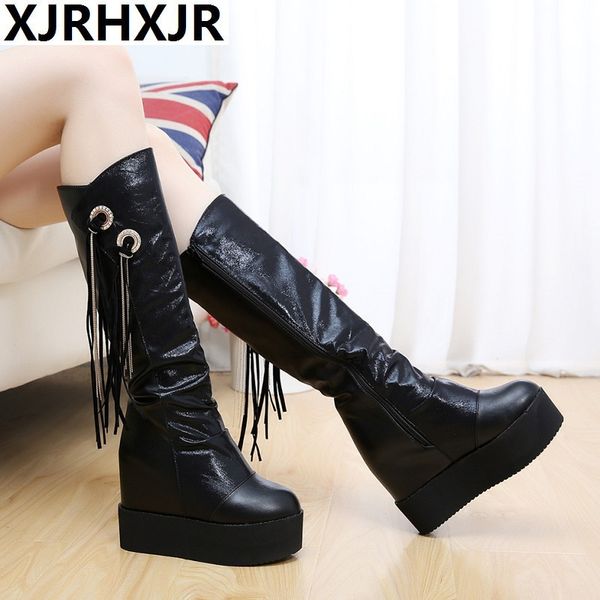 

slim pu leather long boots women casual ladies wedge platform solid zipper biker high heel winter boots women zapatos de mujer, Black