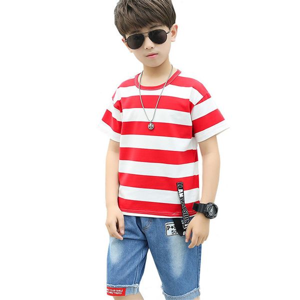 

дети мальчики одежды set summer fashion kids полосатая футболка + denim шорты костюм для школы мальчики 4 6 8 10 12 14 лет tx311, White
