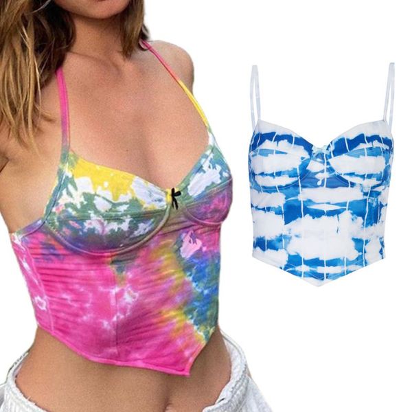 

женщины без рукавов красочные tie-dye crop top sexy v-образным вырезом backless bowknot бретели slim fit спагетти ремень бюстье vest, White