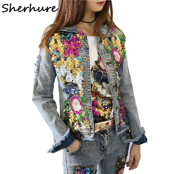 

2019 autumn women denim coat full sequins embroidery women denim coat punk cool jacket jaqueta feminina, Black;brown