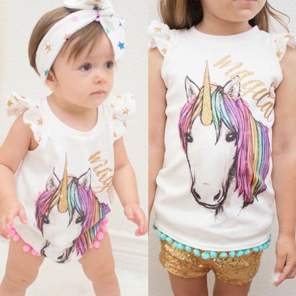 

2017 summer matching cotton clothes big sister t-shirt vest little sister romper outfits set, Blue