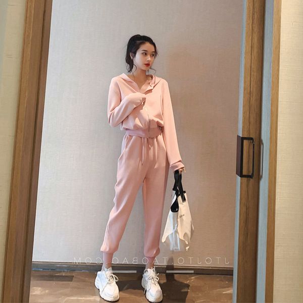 

casual sports suit womens 2020 spring new fashion short hooded jacket with high waist leggings two-piece set, Red