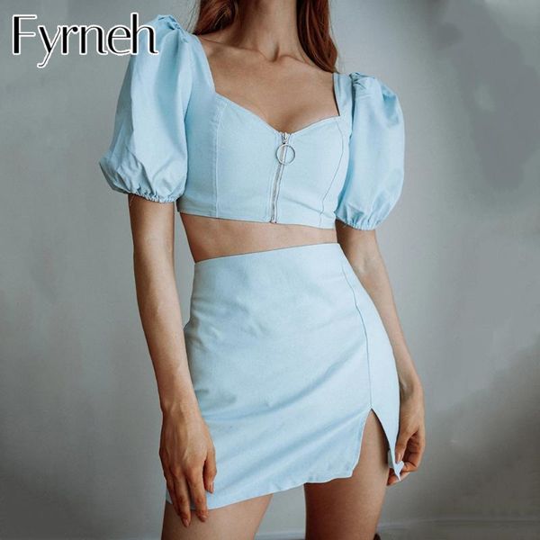 

two piece dress fyrneh ladies summer puff sleeve elegant casual chic set square collar zipper crop split skirt out going clothes, White