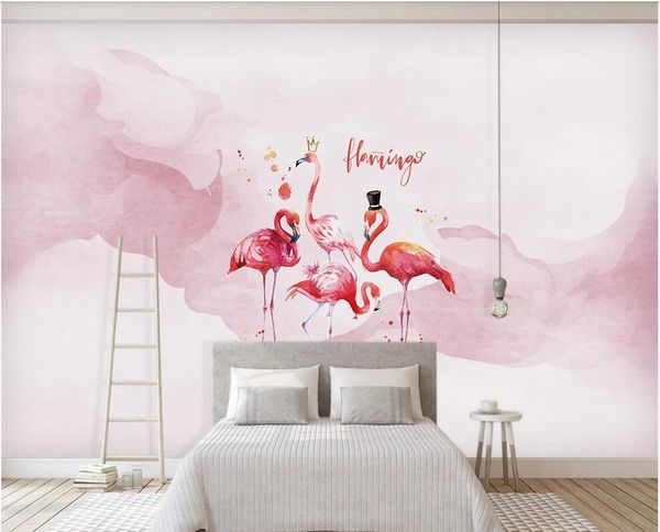 

custom p 3d wallpaper 3d space nordic ins pink watercolor couple flamingo children's room background wall wallpaper for walls 3 d