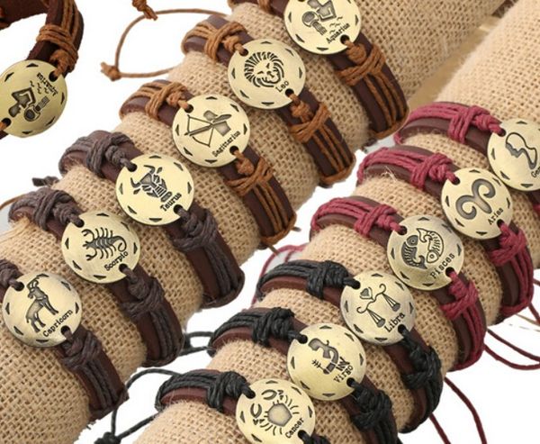 

горячий сплав 12 созвездие кожаный браслет 12 полоски один для каждого созвездия кожа wrap браслет с регулируемой длиной пара подарка ювелир, Golden;silver