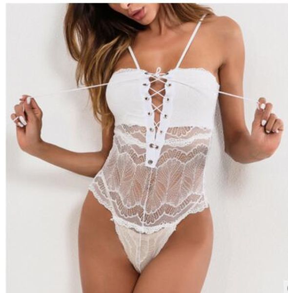 

new 2019 women's v-neck lace openwork lace tie lingerie onesies, Black;white