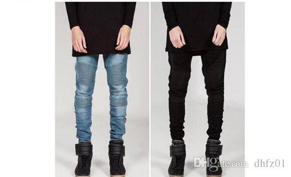 

мужчины карандаш брюки biker jeans задрапированное стильные джинсы slim fit high street одежда для мужчин весна осень брюки джинсовые плисси, Blue