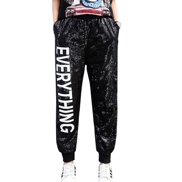 

2019 new fashion sequins beading letter women casual pants punk styl cool women trousers ankle length 2xl black pants, Black;white