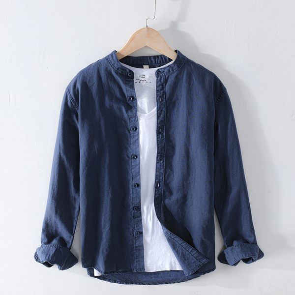 

stand collar shirts men cotton linen classical slim fit minimalist casual long sleeve shirt y2547, White;black