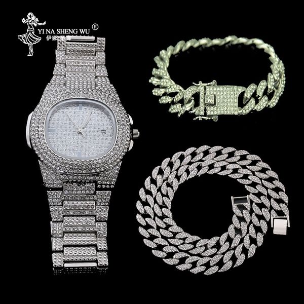 

necklace+watch+bracelet hip hop miami curb cuban chain silver color iced out paved rhinestones cz bling jewelry for men rapper
