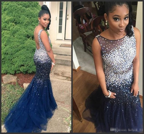 

luxury beaded blue prom dresses mermaid tulle sweep train backless black girl formal evening gowns graduation party wear custom made