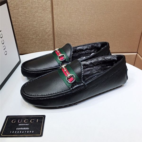 

winter peas shoes men's wool integrated leather luxury men's casual frosted leather one pedal driving shoes men 38-44 02, Black