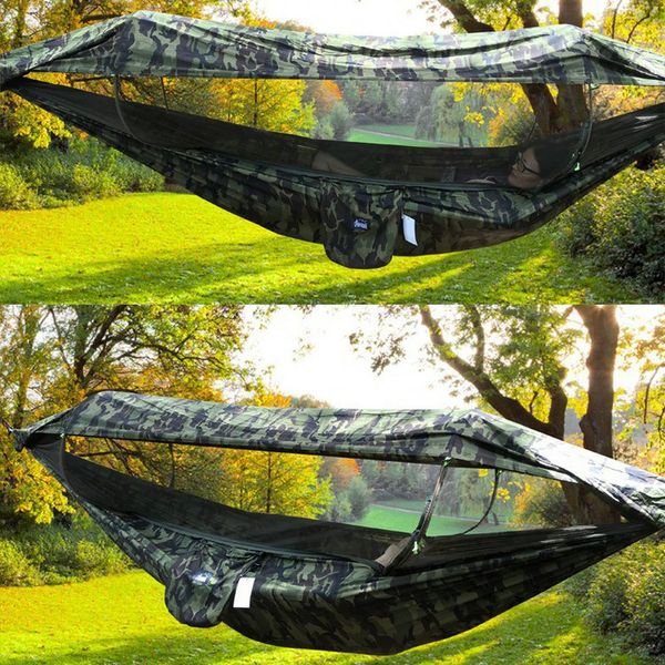 

1-2 person portable outdoor camping hammock with awning mosquito net high strength parachute fabric hanging bed hunting swing