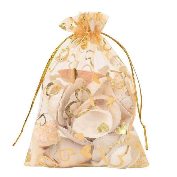 

100pcs 9x12cm sheer drawstring heart organza jewelry pouches wedding party christmas favor gift bags (gold