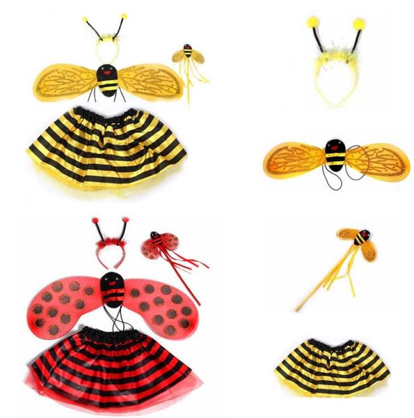 Kid Fairy Ladybug Bee Wing Costume Set Fancy Dress Cosplay Ali Tutu Gonna Bacchetta Fascia per capelli Ragazza Ragazzo Halloween Natale Spettacolo teatrale