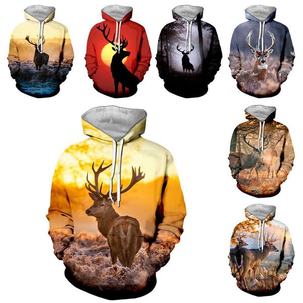

liasoso new men women antelope sweatshirt 3d print animal deer elk hoodies hip hop street o neck harajuku pullover a311-13, Black