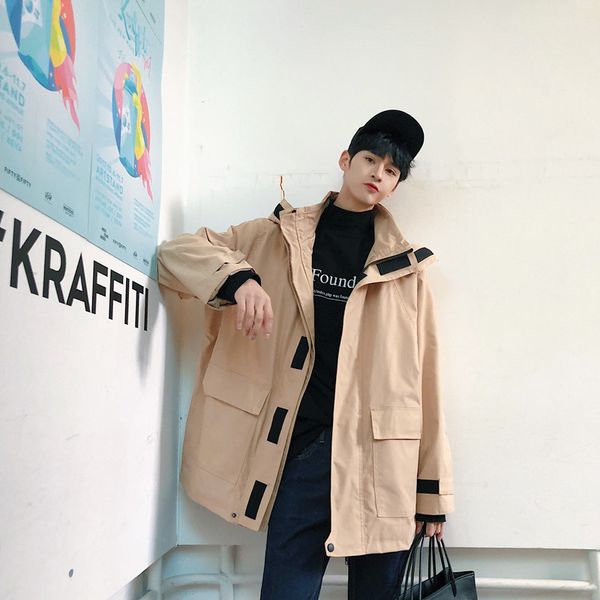 

2018 new men's fashion oversize removable hat outwear bomber jackets loose casual solid color khaki coats m-xl, Black;brown
