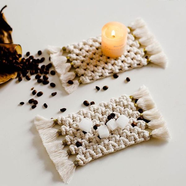 

europe macrame cup pad bohemia candlestick table kitchen mat pure handmade cotton braid non-slip insulation mats for l home