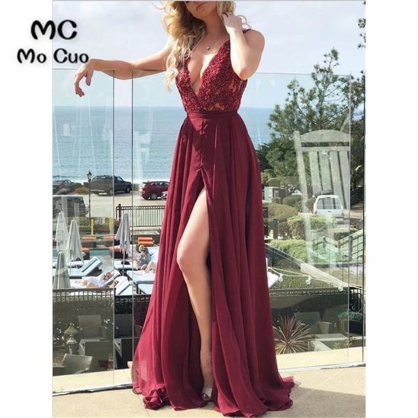 

burgundy sheer lace evening dresses long prom gown deep v-neck vestidos de fiesta front slit chiffon women evening dress, White;black
