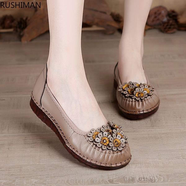 

rushiman spring autumn leather middle-aged old women's shoes cow tendons soft soles mother's shoes female bean flat soles, Black