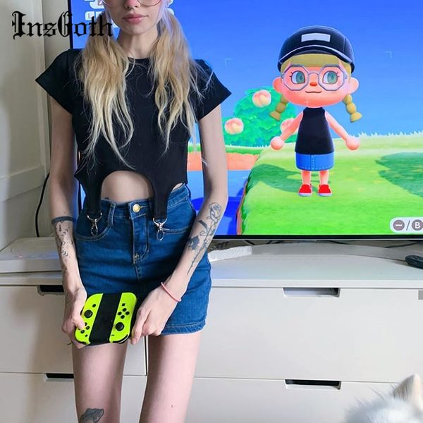 

insgoth harajuku streetwear solid t-shirts women gothic punk patchwork clip white black tshirts female fashion party bodycon top