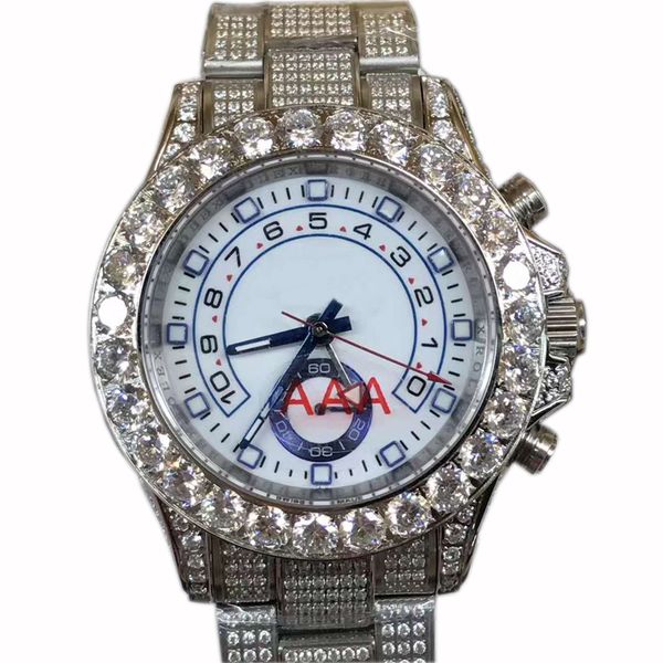 

Full diamonds silver mens yacht watch 44mm automatic sweep movement sapphire glass Fixed 18kt white gold set with diamond bracelet