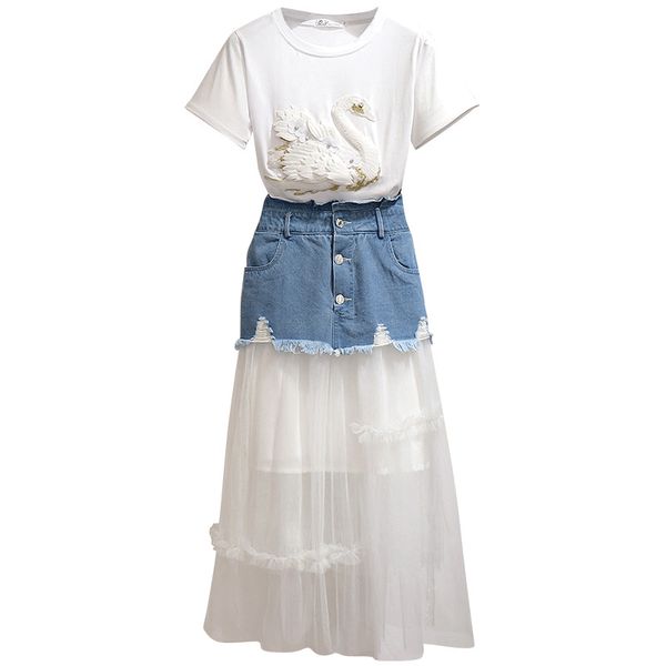 

women embroidery 3d swan floral appliques cotton t-shirt + denim mesh patchwork long skirts set summer mid calf clothes suit, White