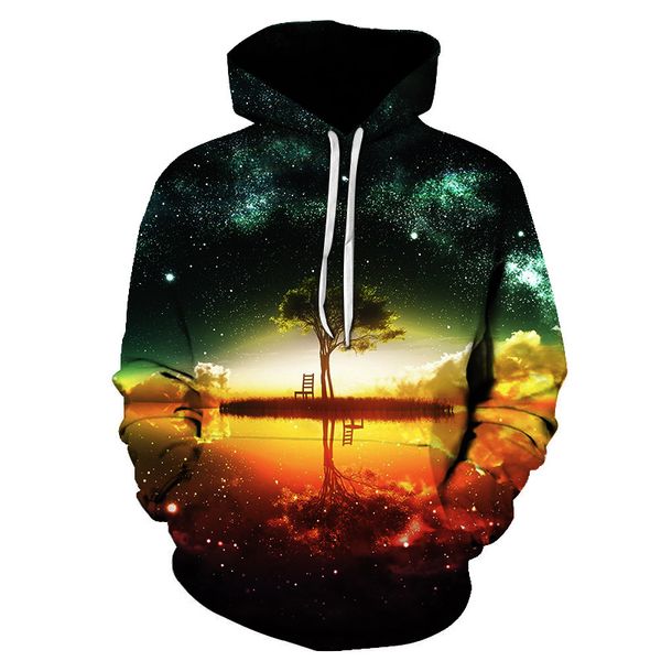 

new style hiphop hoodies galaxy space 3d printed forest cool fashion autumn sweatshirt thin hooded women hoodie, Black