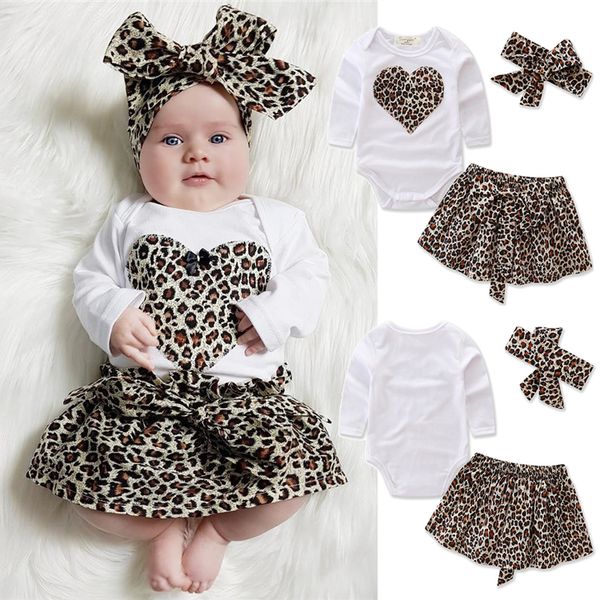 

kids clothes romper+skirt+hair band 3 piece sets kids designer clothes girls long sleeve t-shirt love heart romper leopard skirt jy203, White