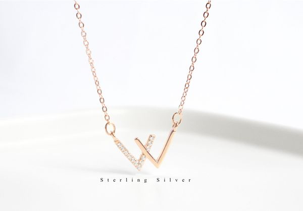 

sterling silver double v-shaped necklace simple female models w letter clavicle chain trend fashion silver jewelry, Golden;silver