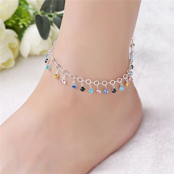 

bohemia 925 silver anklets for women elegant multicolor cz crystal pendant anklet bracelet foot jewelry gift ab100, Red;blue