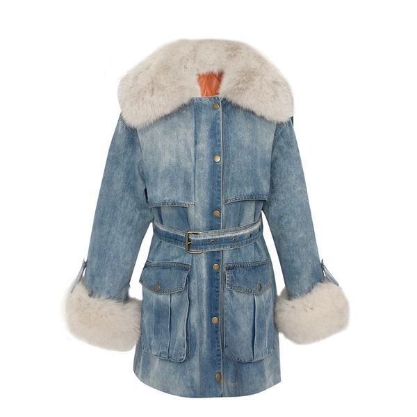 

luxury womens long thick warm coats fashion solid fur collar denim jacket female elegant slim belted outerwear, Black