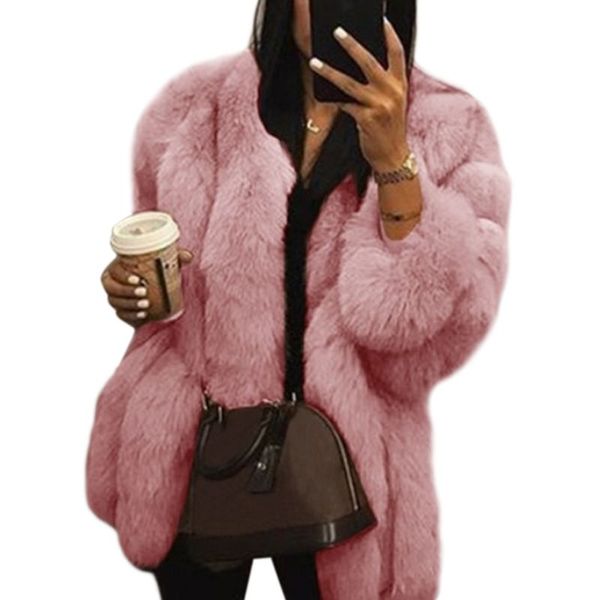 

2019 women plus size thickened faux fur plain overcoat solid color long sleeve open front bread jacket coat luxury elegant loose wholesale, Black