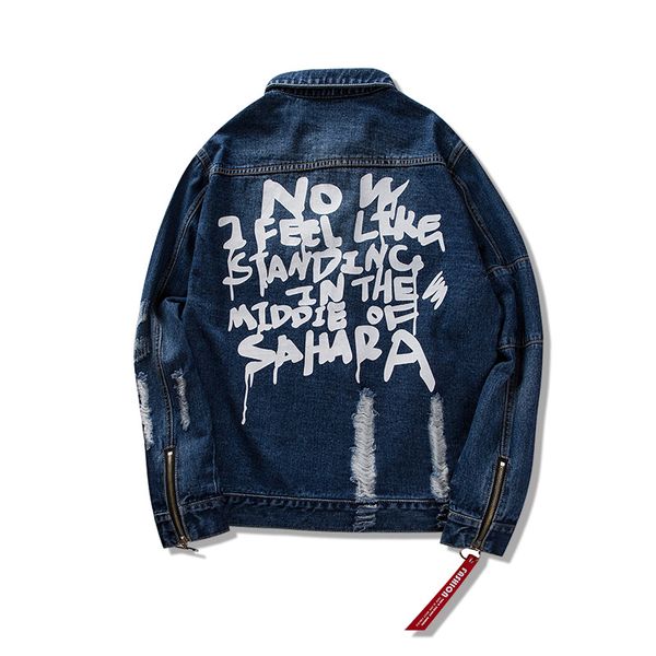 

kanye cardigan jacket denim men and women loose street hip-hop punk hole zipper cuff jeans jacket letter stand vintage coats, Black;brown