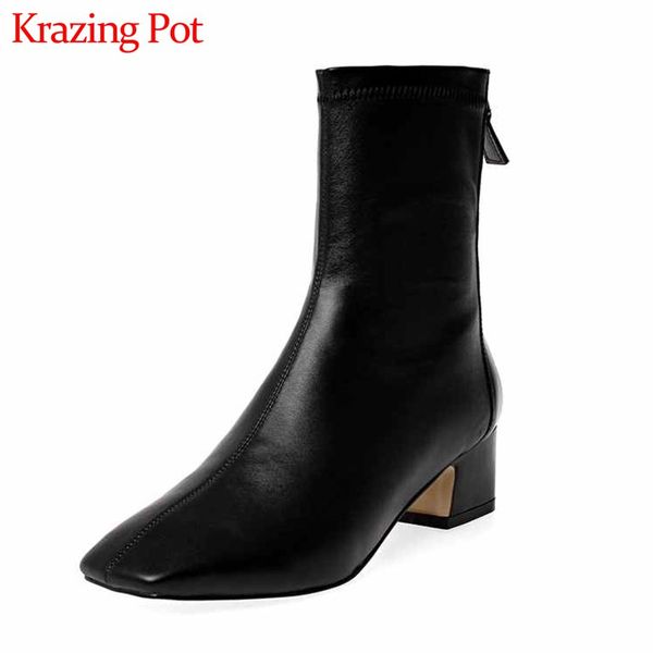 

krazing pot korean fashion stretch slim boots simple style solid square toe med heels winter keep women zipper ankle boots l02, Black