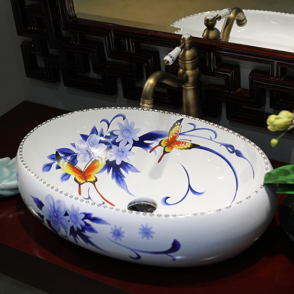 Porcelana Banheiro Cerâmica Cerâmica Topo Pia Bacia de Lavagem Oval Popular na Europa Arte Bacia Lavabo Embarcação Pias de Bancadas Blue